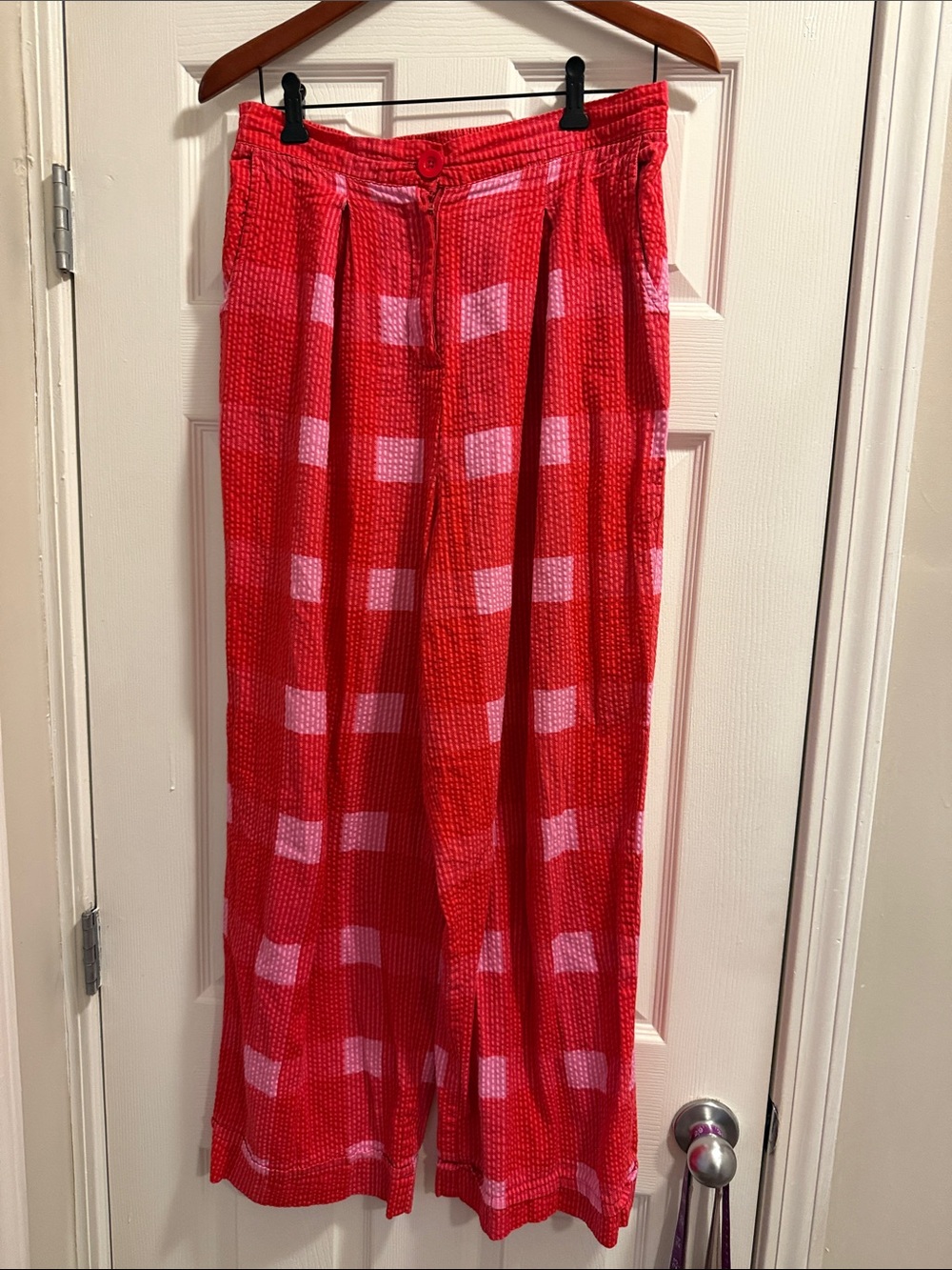 PORRIDGE Women’s Red Plaid Seersucker Wide-Leg pants M